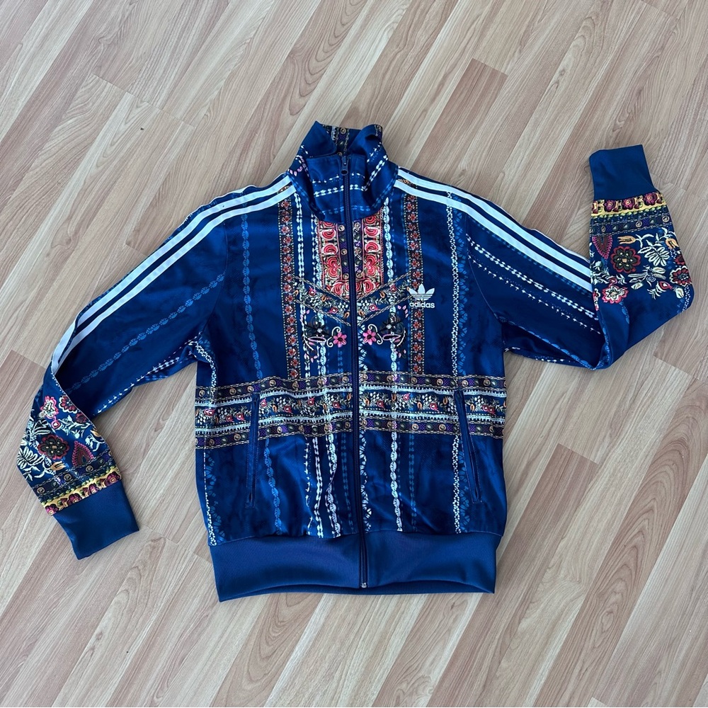 adidas Navy Blue Floral Track Jacket with White Stripes